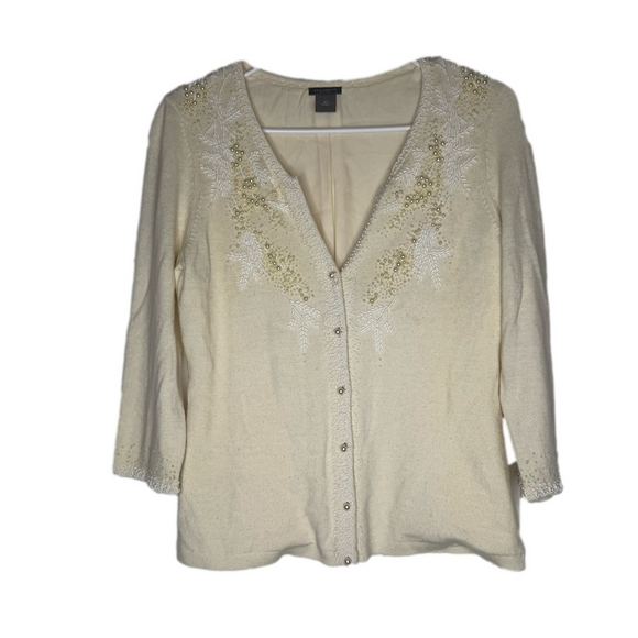 Ann Taylor Tops - Ann Taylor Cream Button Down Cardigan Wool Cashmere Pearl Holiday Beaded Silk
